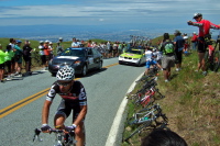 A Team Cervélo rider in the caravan.