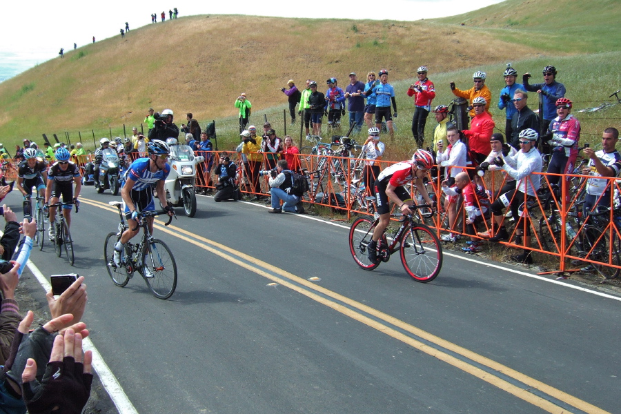 (r to l): Levi Leipheimer, Rory Sutherland, Tom Danielson, and Andy Schleck in the second group