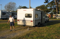Ron sets up the Particleboard Palace at the Humboldt County Fairgrounds Campground. (30ft)