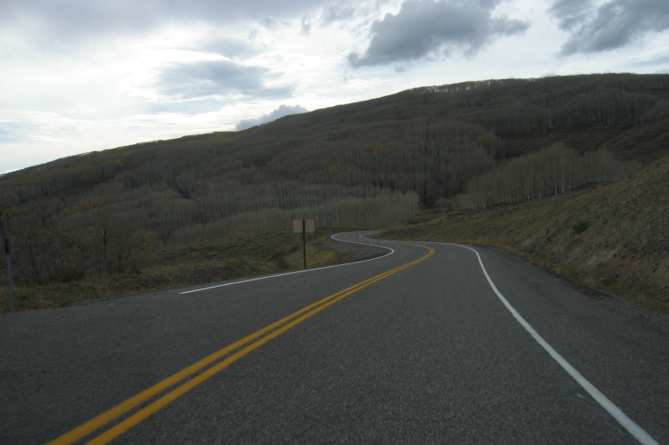 UT12 winds its way down Boulder Mountain through groves of dormant aspens.