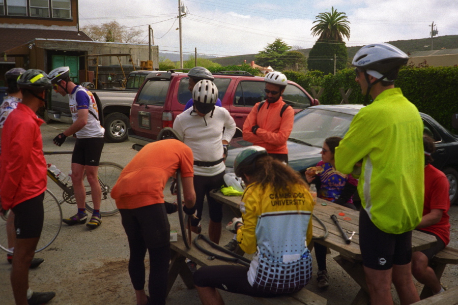 Fixing a flat tire in Pescadero.