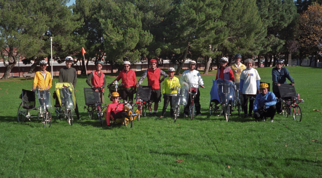 Recumbents all assembled on the lawn at Little John Park